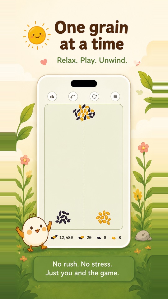 A morning garden scene: the game on a phone, surrounded by flowers and leaves.