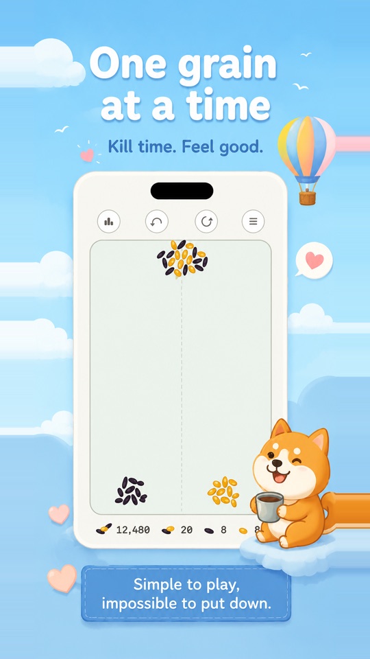 A bright sky scene: the game on a phone, with the puppy and a hot-air balloon.