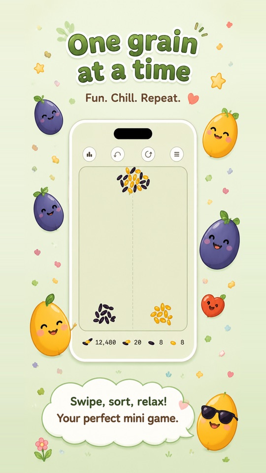 A green scene scattered with fruit: the game on a phone.