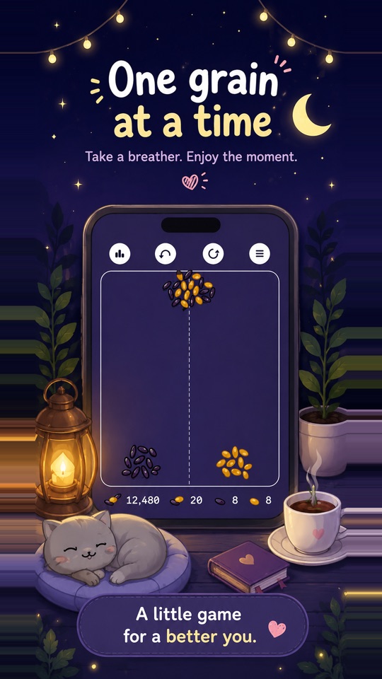 A night scene lit by a lantern: the game on a phone, a sleeping cat and a cup of coffee.